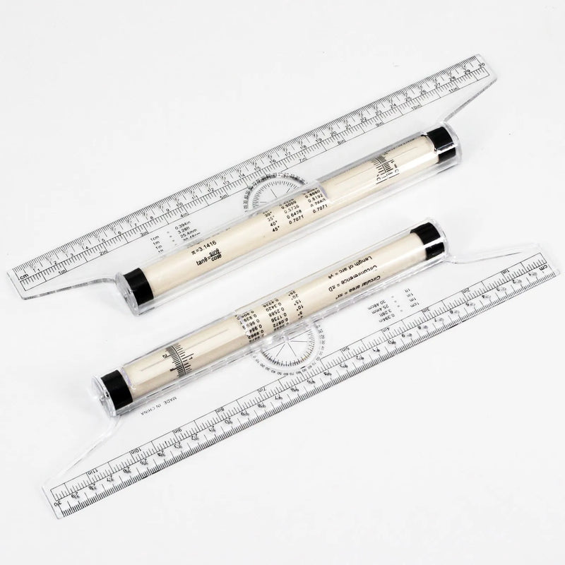Rolling ruler multifunctional drawing and design tool with horizontal line calibration, angle measurement, arc rapporteur, and vertical hole line creation functions in a 30cm plastic construction for technical drawing, drafting, and architectural design
