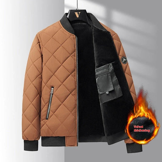 Insulated cotton jacket with rhombic-sewing design, available in khaki and black colors.