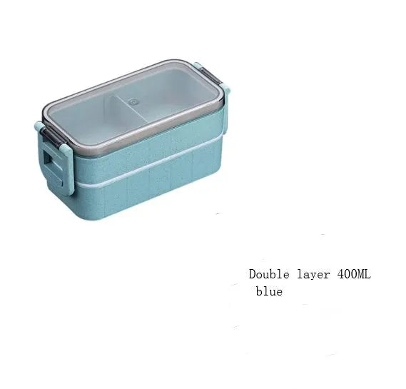 Square wheat straw lunch box with lock seal in blue, beige, or pink colours.