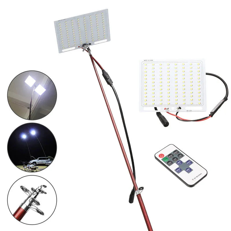 White LED fishing rod light unit with remote control, mounted on a rod for night fishing illumination.