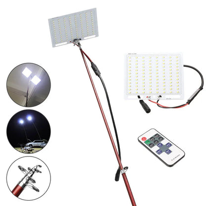 White LED fishing rod light unit with remote control, mounted on a rod for night fishing illumination.