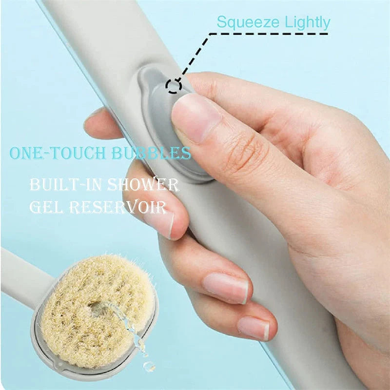 Dual-purpose shower brush with ergonomic handle and detachable head in yellow, grey, green, and pink