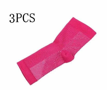 Anti-fatigue compression foot sleeve in black, red, or white, featuring moisture-wicking fabric and a heel hole for breathability.