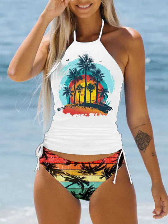 Conservative European and American women's colourful split pattern swimsuit for swimming.