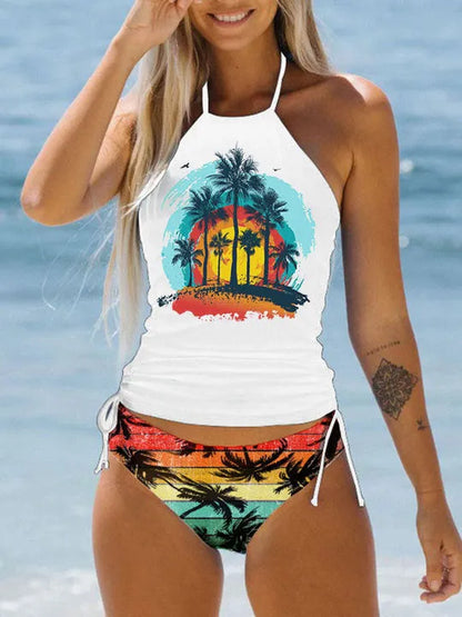 Conservative European and American women's colourful split pattern swimsuit for swimming.