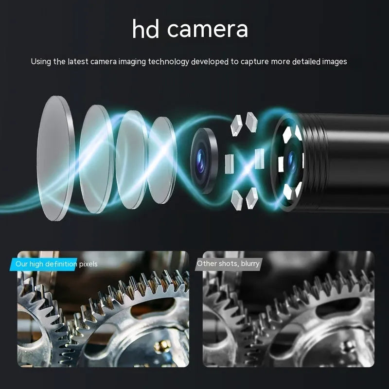 Waterproof endoscope inspection camera with a small 8mm probe and a long hard wire cable.
