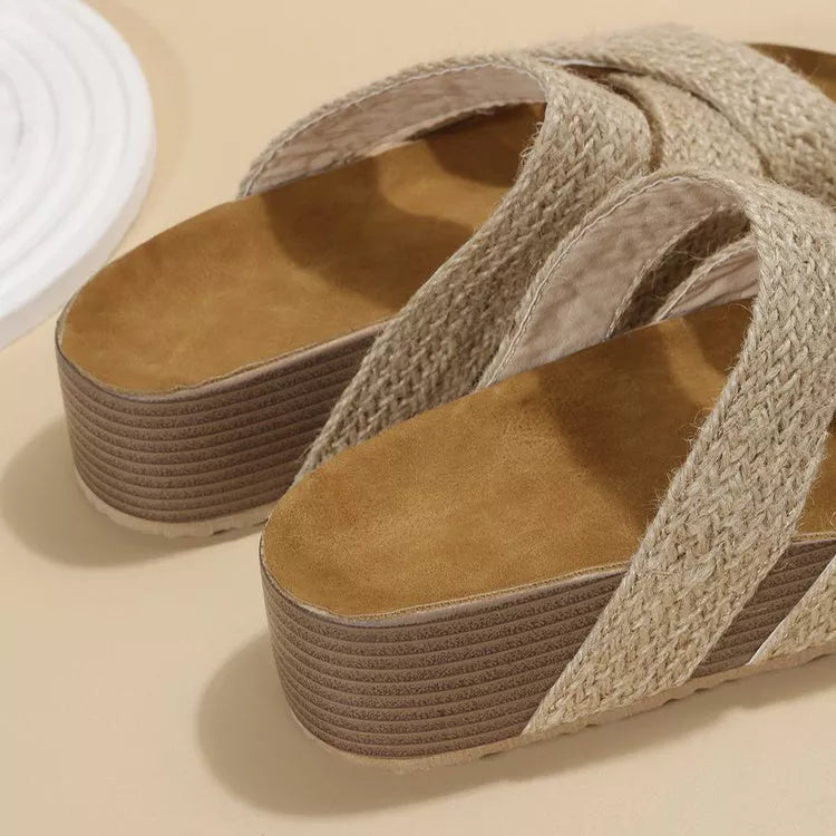 Women's woven cross-strap slippers in various colours, perfect for summer beach outings