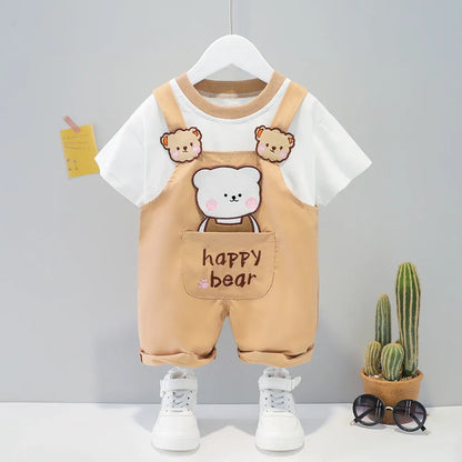 Yellow cotton baby cartoon romper suit with short sleeves and openable straps