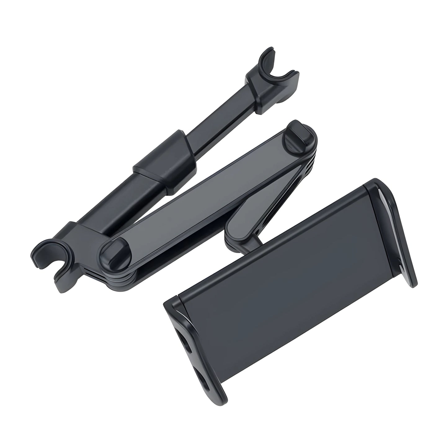Black car phone holder mounted on vehicle rear seat with tablet secured in snap-in bracket
