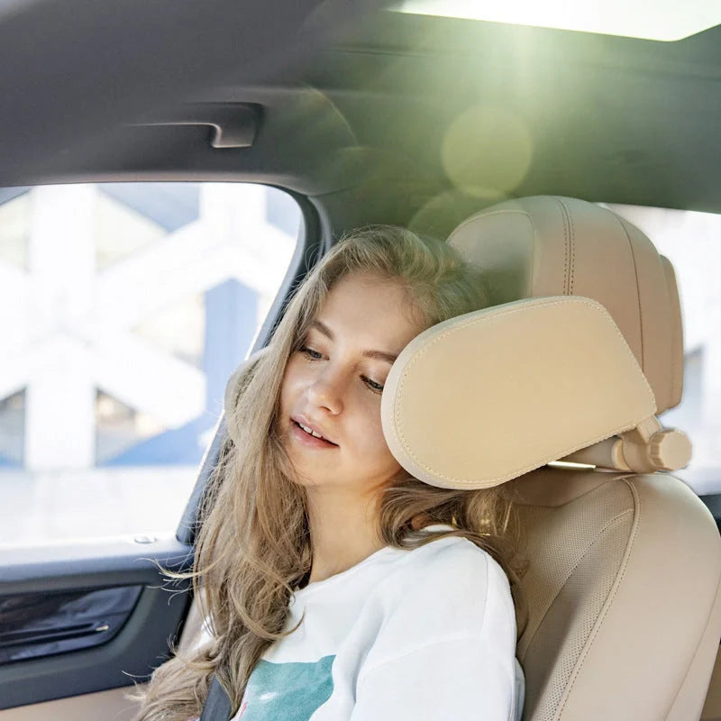 Adjustable car seat headrest pillow with memory foam support in grey, beige, black, and coffee colors