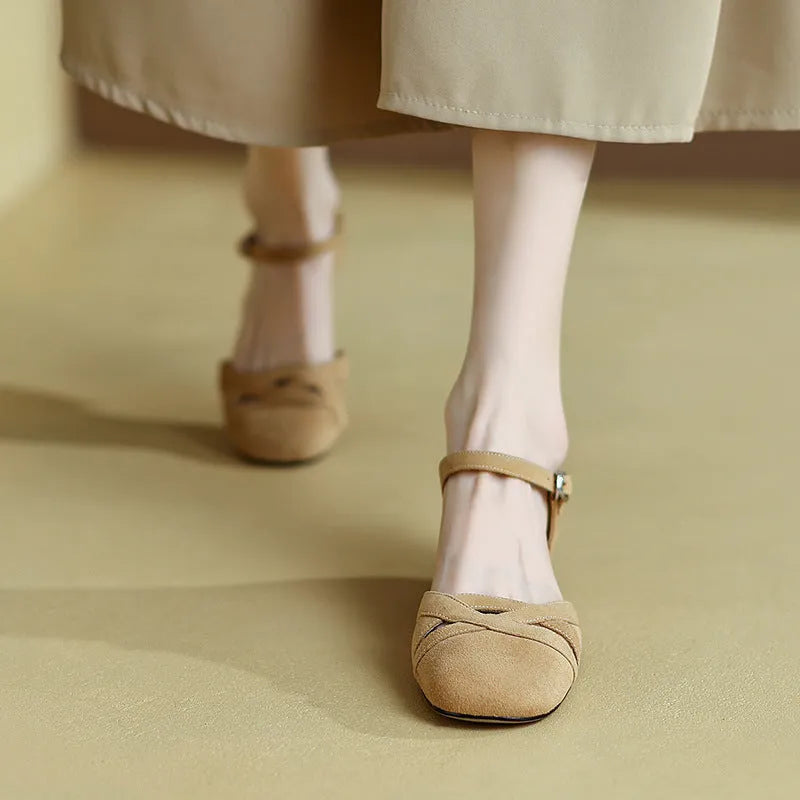French style retro Roman sandals with buckle fastening in apricot colour showing round toe and rubber sole