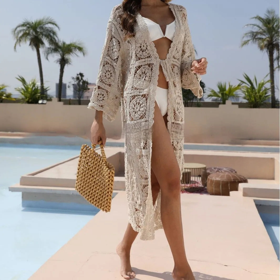 Apricot embroidered bikini beach set with long-sleeved cotton sun protection shirt