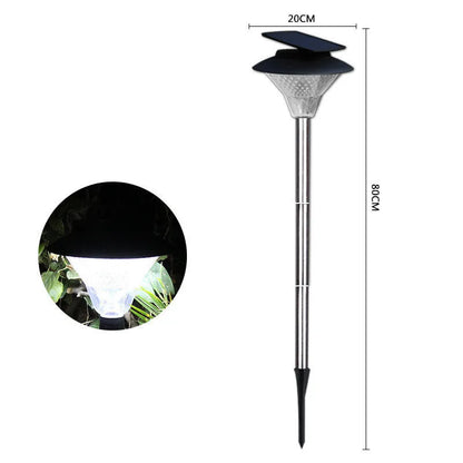 Solar-powered outdoor street light with solar panel on top and LED light fixture.