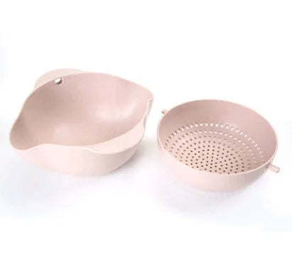 Blue double-deck plastic kitchen basket for washing rice, fruits and vegetables