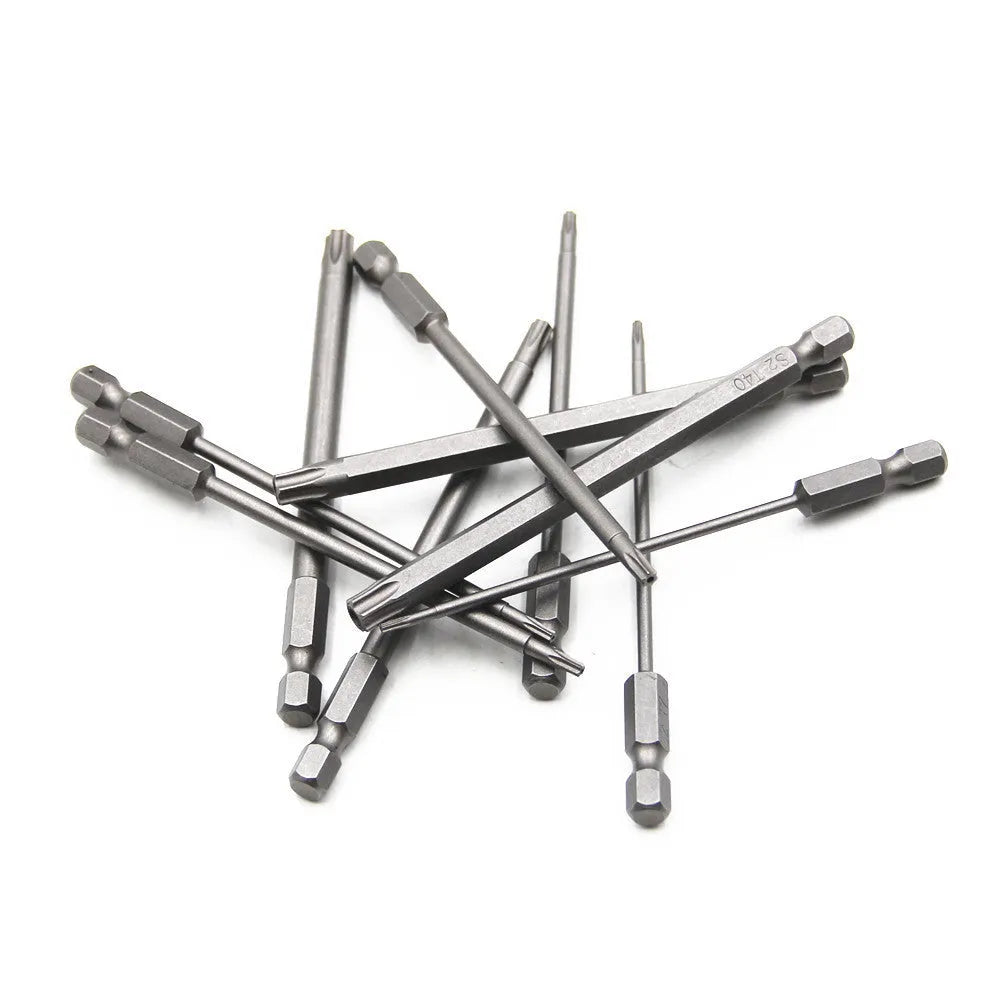 Hexagon handle alloy screwdriver bit set showing 50mm, 75mm, and 100mm lengths for Type 0 plum blossom hollow screws.