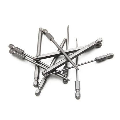 Hexagon handle alloy screwdriver bit set showing 50mm, 75mm, and 100mm lengths for Type 0 plum blossom hollow screws.