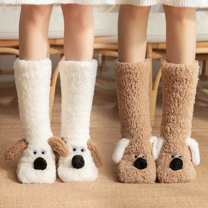Cozy cartoon dog-themed floor socks in a variety of adorable designs, featuring soft acrylic fabric and non-slip soles