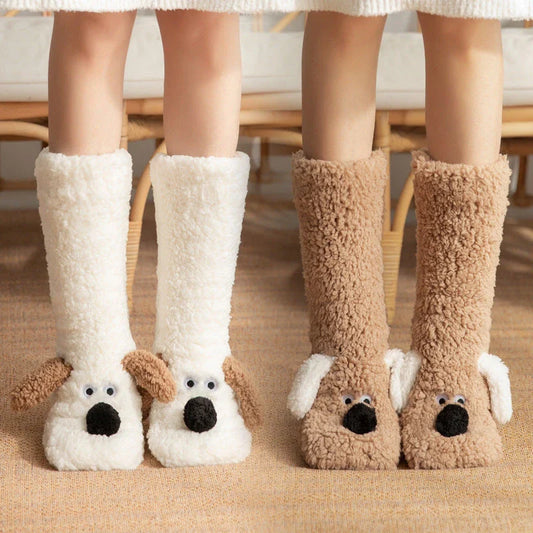 Cozy cartoon dog-themed floor socks in a variety of adorable designs, featuring soft acrylic fabric and non-slip soles
