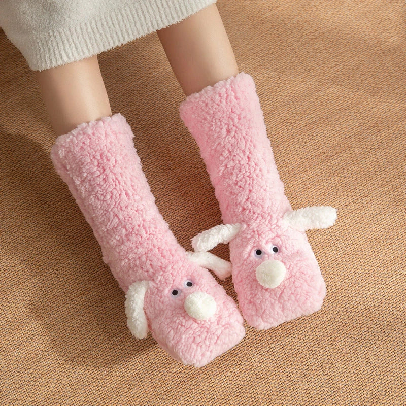 Cozy cartoon dog-themed floor socks in a variety of adorable designs, featuring soft acrylic fabric and non-slip soles