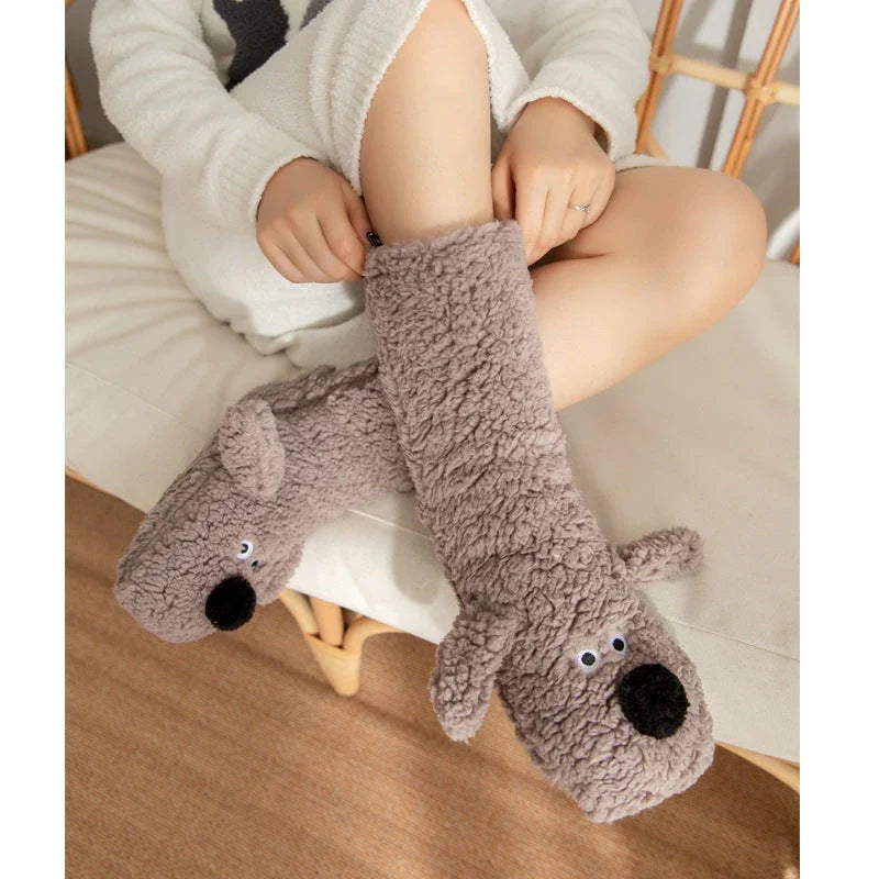 Cozy cartoon dog-themed floor socks in a variety of adorable designs, featuring soft acrylic fabric and non-slip soles