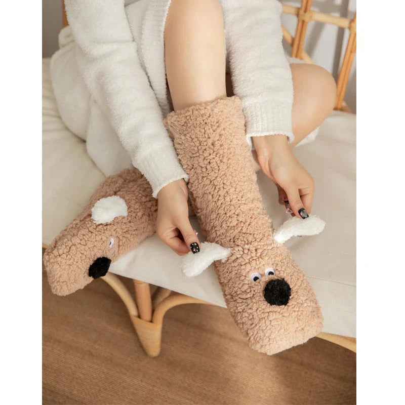 Cozy cartoon dog-themed floor socks in a variety of adorable designs, featuring soft acrylic fabric and non-slip soles