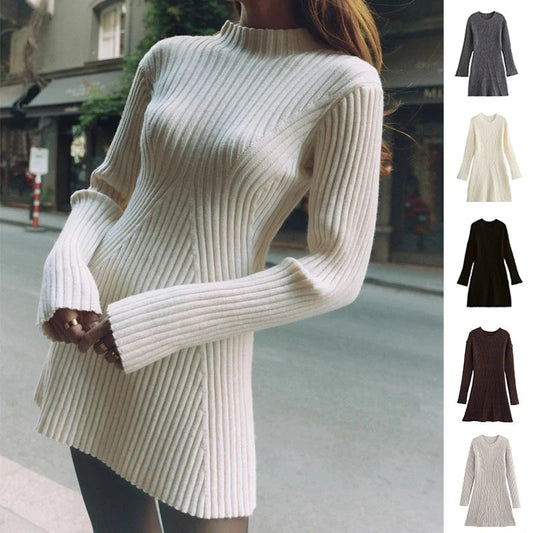 Stylish ribbed knitted dress for women in slim fit with stand-up collar, perfect for winter