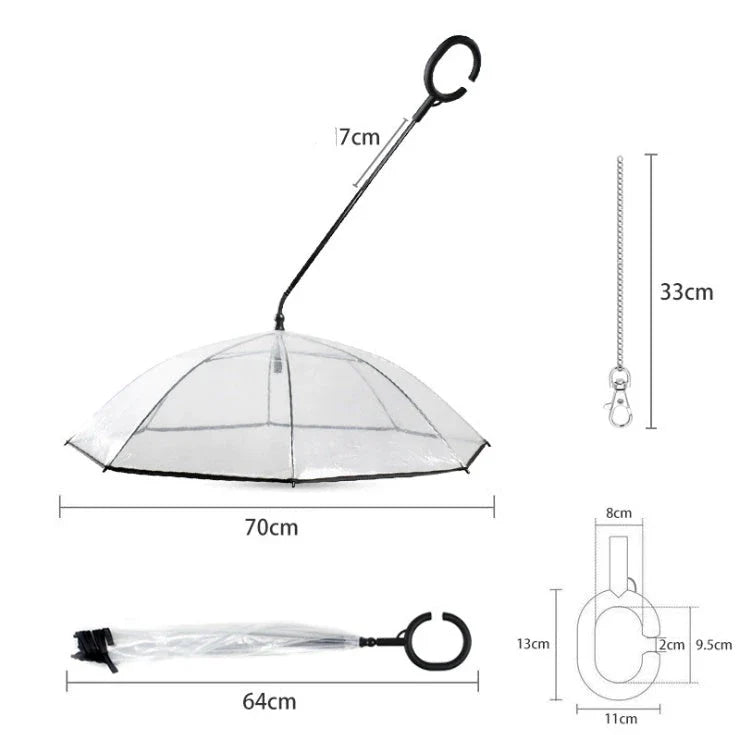 Adjustable transparent pet umbrella with comfortable C-shaped handle and durable PVC and glass fibre construction