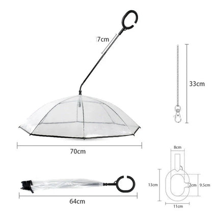 Adjustable transparent pet umbrella with comfortable C-shaped handle and durable PVC and glass fibre construction