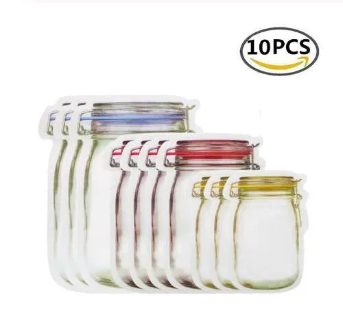 Red reusable self-sealing plastic bag for snacks with zipper closure, shown with biscuits.