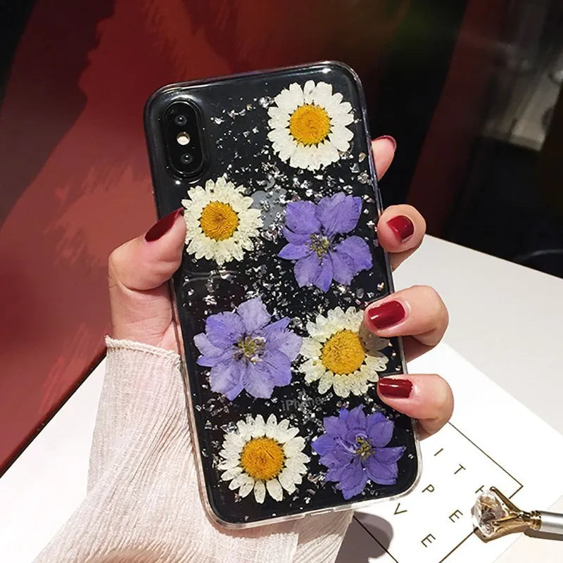 Handmade clear TPU iPhone case with preserved dried flowers in epoxy resin, flower pink colour