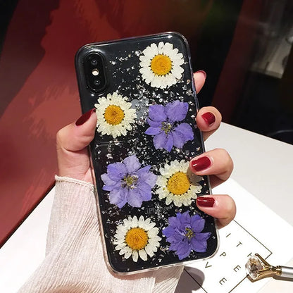 Handmade clear TPU iPhone case with preserved dried flowers in epoxy resin, flower pink colour