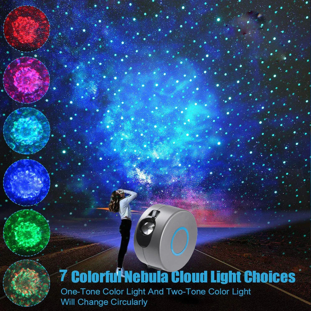 Enchanting starry sky projector with dynamic colour lighting, creating a mesmerising atmosphere in a bedroom or living space
