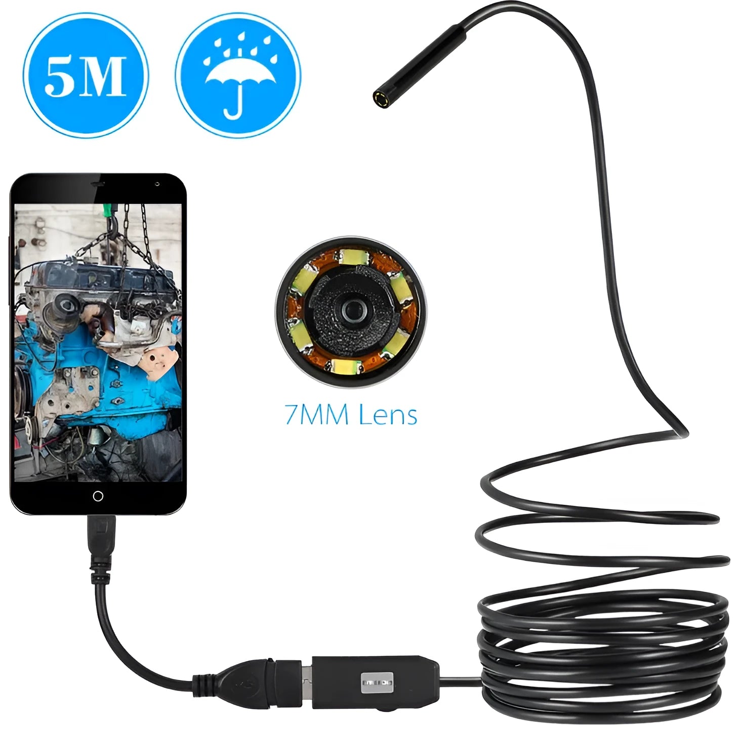 OWSOO USB endoscope camera with flexible black cable, small hook, magnet, and side mirror attachments on a white background.