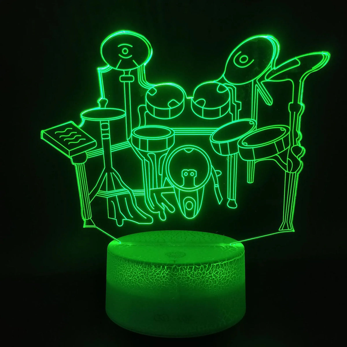 3D acrylic drum kit night light with colour-changing LEDs on a black ABS base.