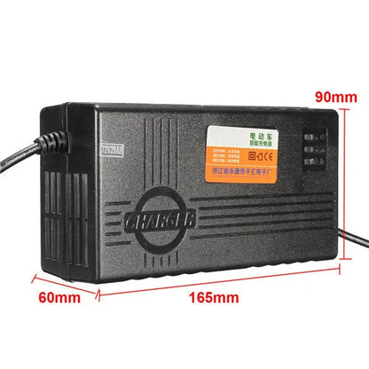 Black 72V20AH electric vehicle charger with compact dimensions and regional plug options