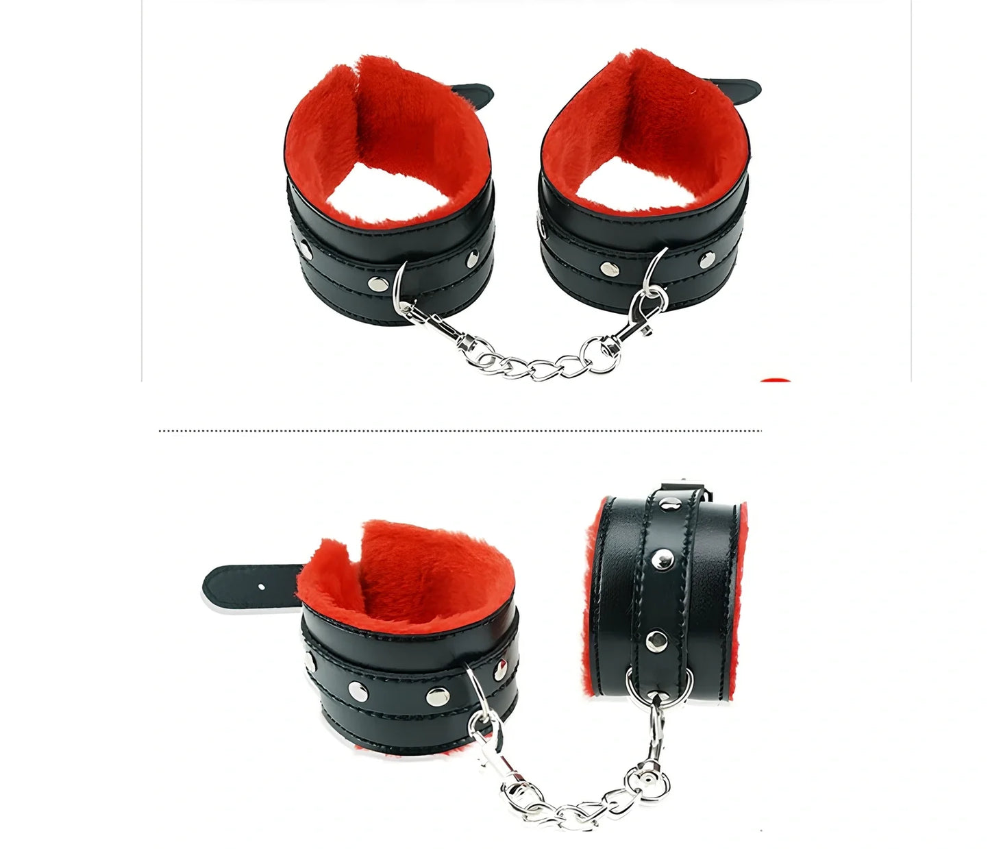 Red 8-piece plush bondage set including padded handcuffs, shackles, collar, 5m rope, and leather whip weighing 465g