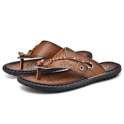 Men's black PU leather casual slippers with non-slip sole on a white background