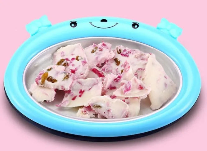 Blue manual fried yogurt ice cream maker with ice tray and serving shovels