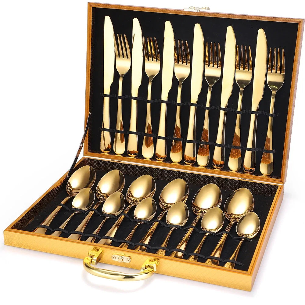24-piece 18/10 stainless steel cutlery set in silver finish with knives, forks, spoons for six, optional wood box storage
