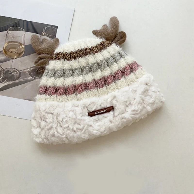 Christmas knitted hat with deer antler design in various colours