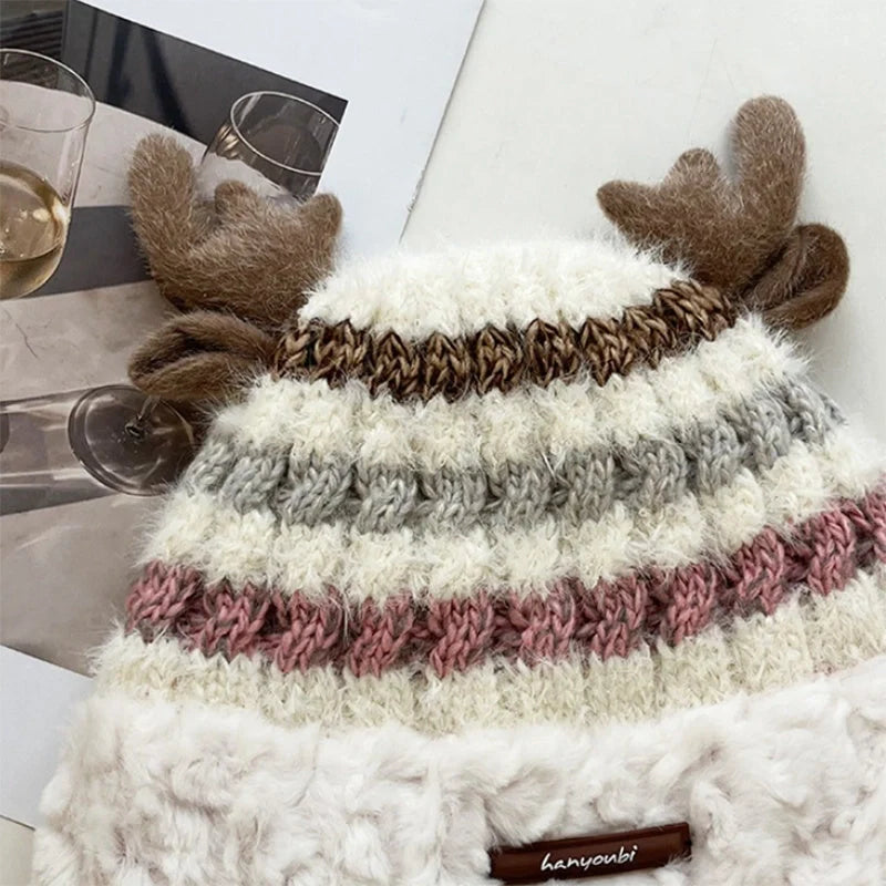 Christmas knitted hat with deer antler design in various colours