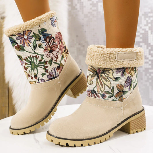 Elegant floral embroidered snow boots in various colors and sizes for women