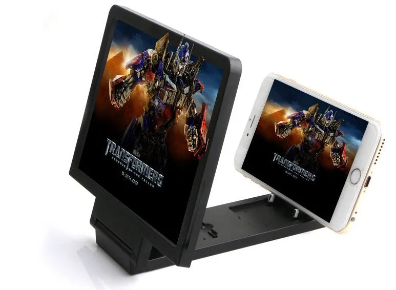 Black and white portable screen amplifier for mobile phones, 18cm long.