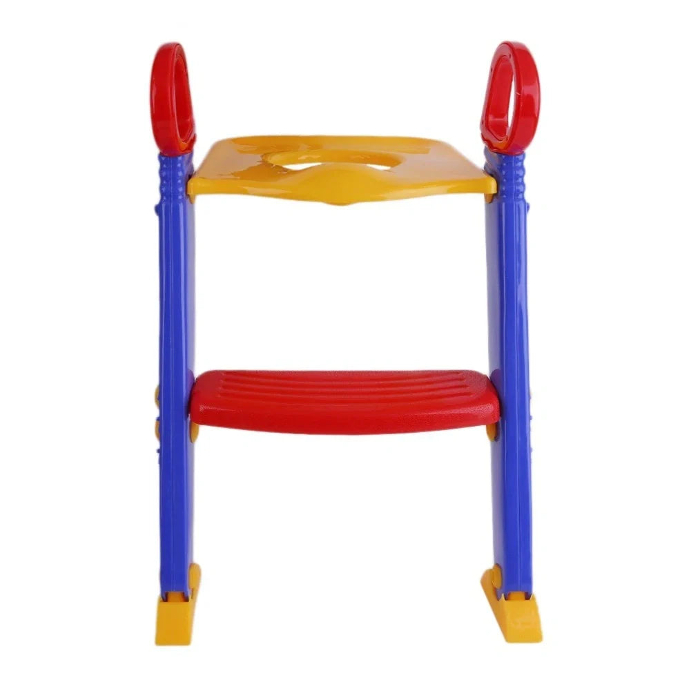 Purple, red and yellow adjustable potty training chair with ladder folded to 7cm thickness showing double handrails