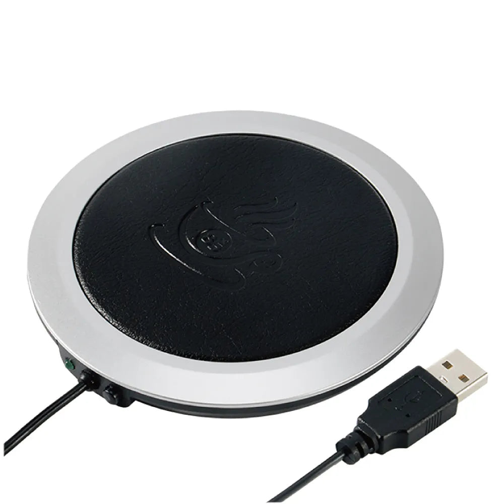 High temperature heating coaster with USB interface in black, blue, or orange PU artificial leather