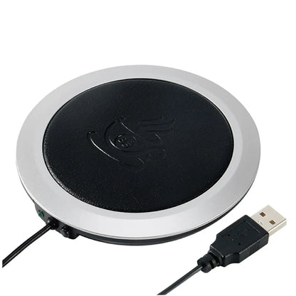 High temperature heating coaster with USB interface in black, blue, or orange PU artificial leather