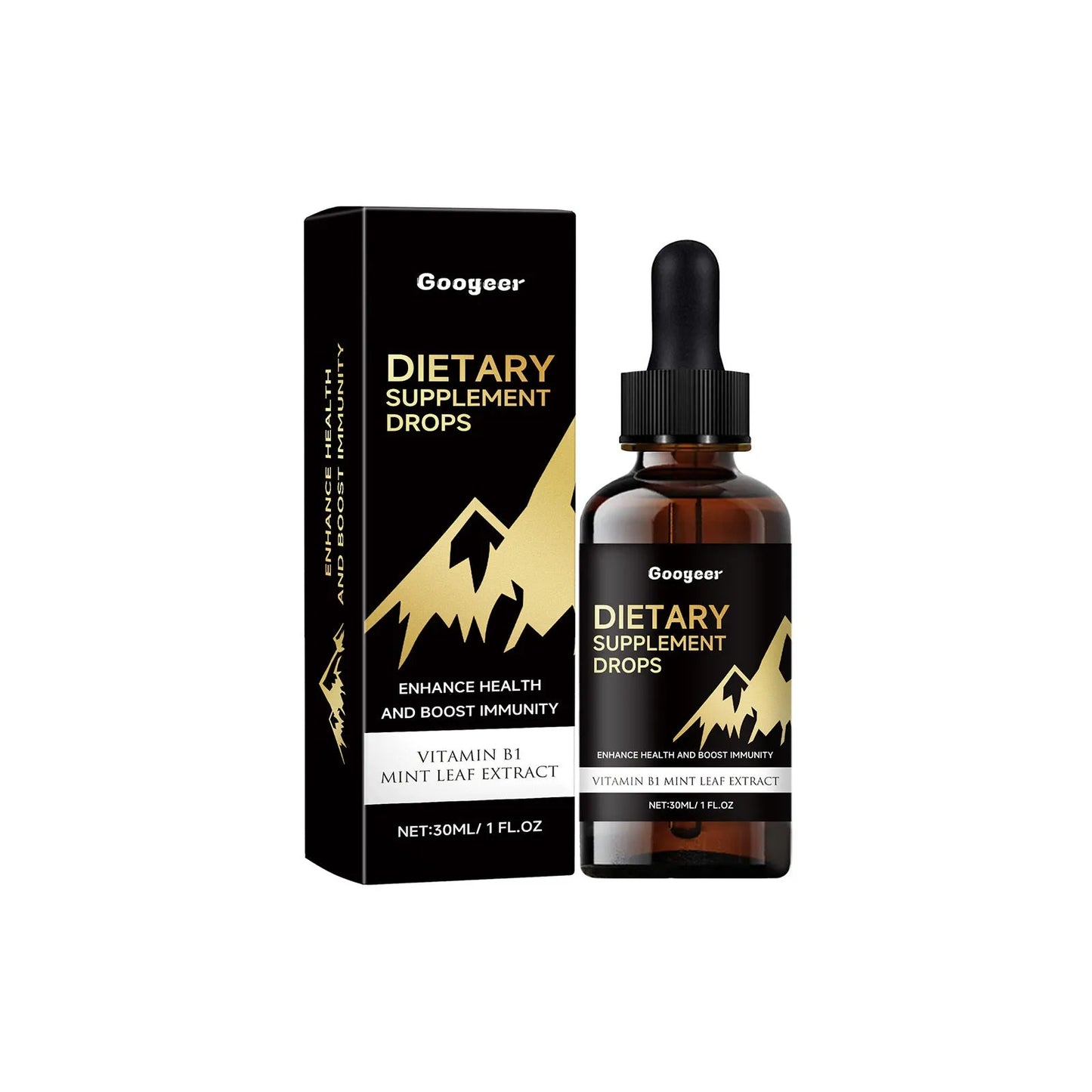 Liquid dietary supplement drops bottle with measurement dropper for precise dosage control