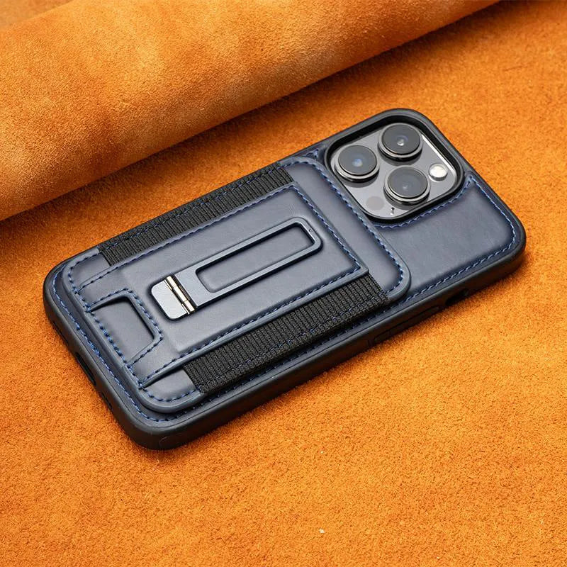 Magnetic card holder iPhone case in imitation leather with bracket, drop-resistant, shown in Black, Blue, Light Brown and Wine Red.