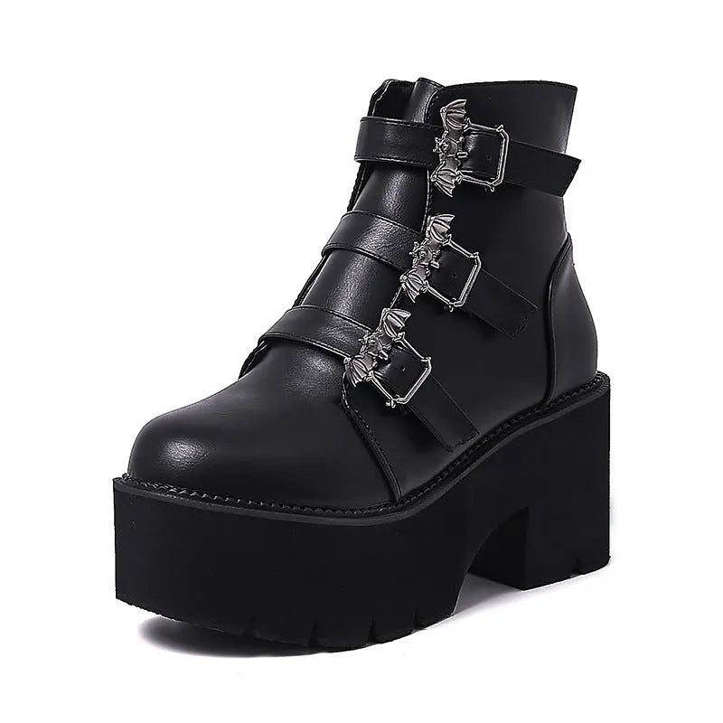 Black Harajuku punk bat buckle gothic short boots with side zipper and thick heel