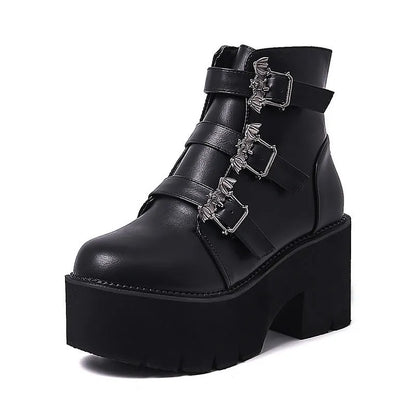 Black Harajuku punk bat buckle gothic short boots with side zipper and thick heel